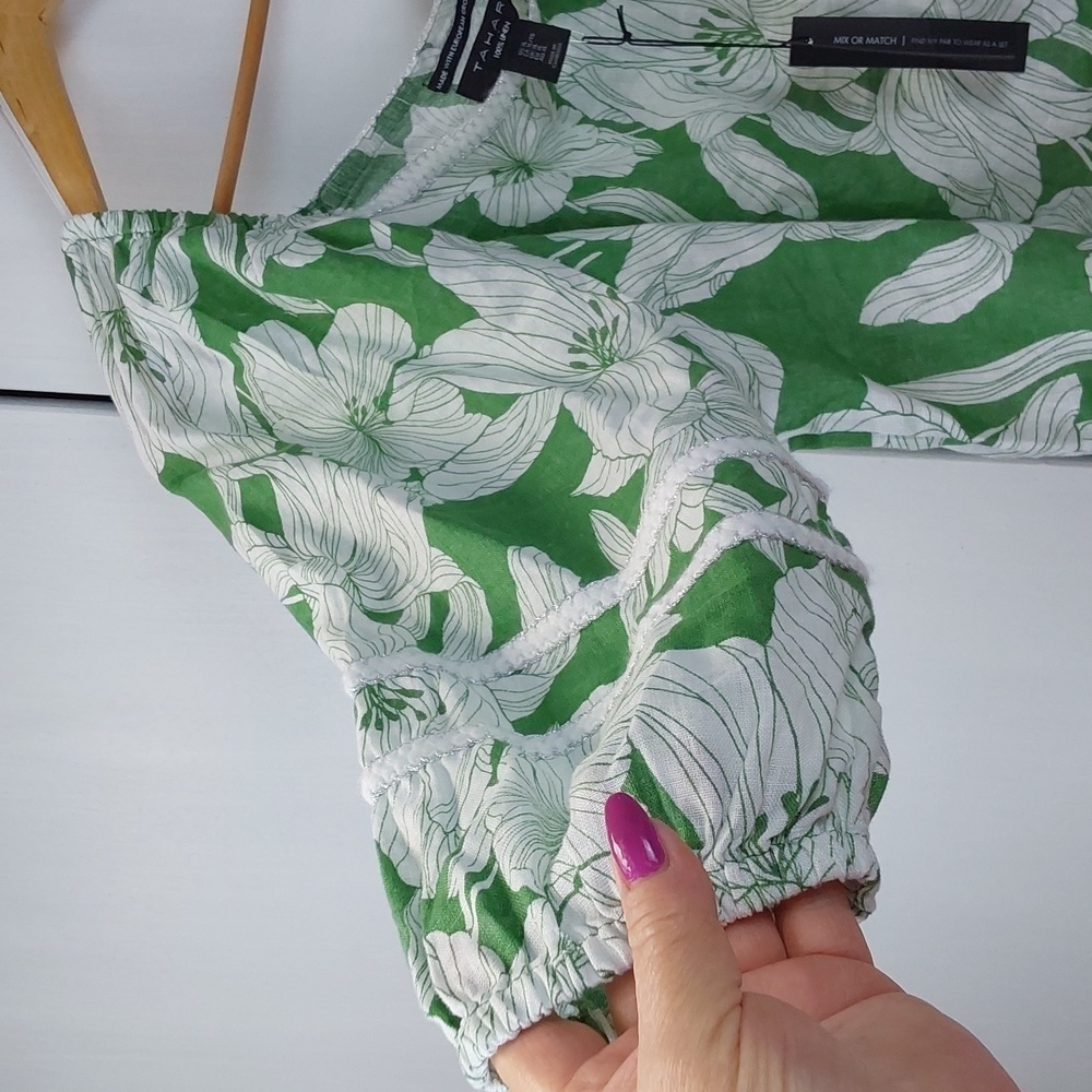 Tahari |Green White Floral Linen Boxy Cropped Top Resort Wear Mod Sz.XL - Picture 3 of 5
